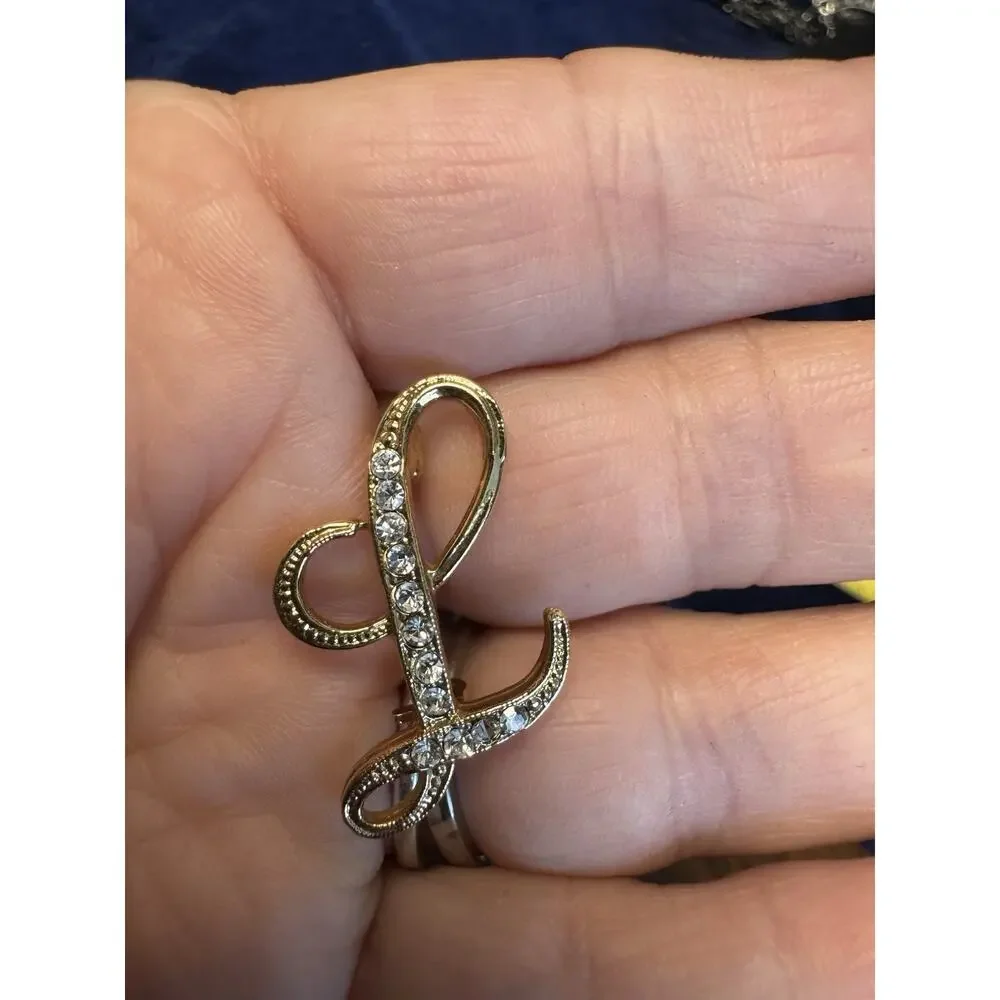Vintage Gold Tone Rhinestone Script Letter L Initial Monogram Brooch Pin